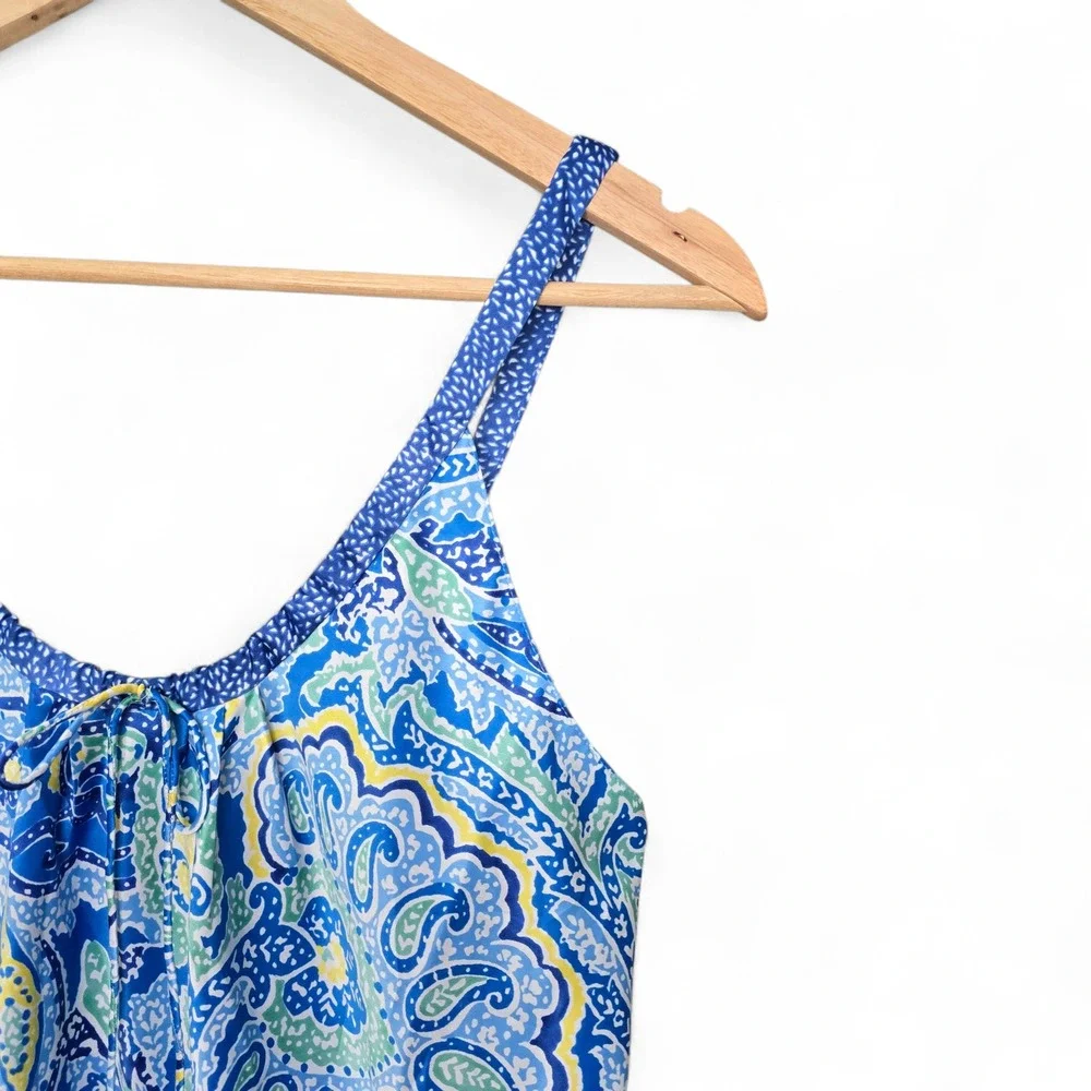 Oscar De La Renta Dress Womens Small Blue Paisley Satin Mini Sleeveless Party‎